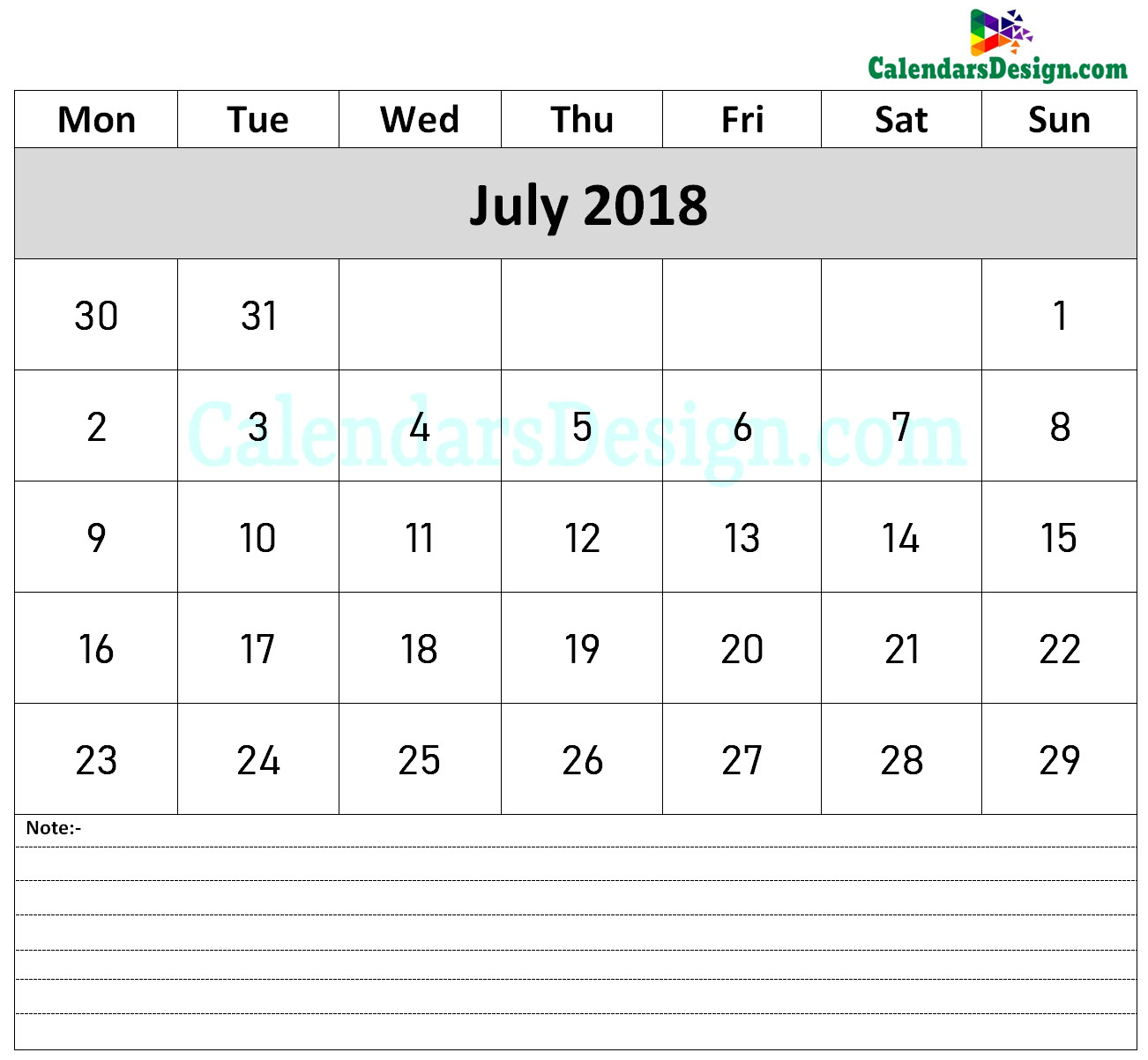 Calendar for July 2018