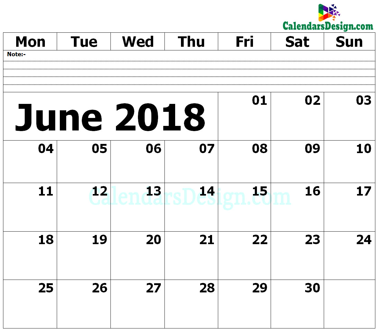 June 2018 Blank Calendar