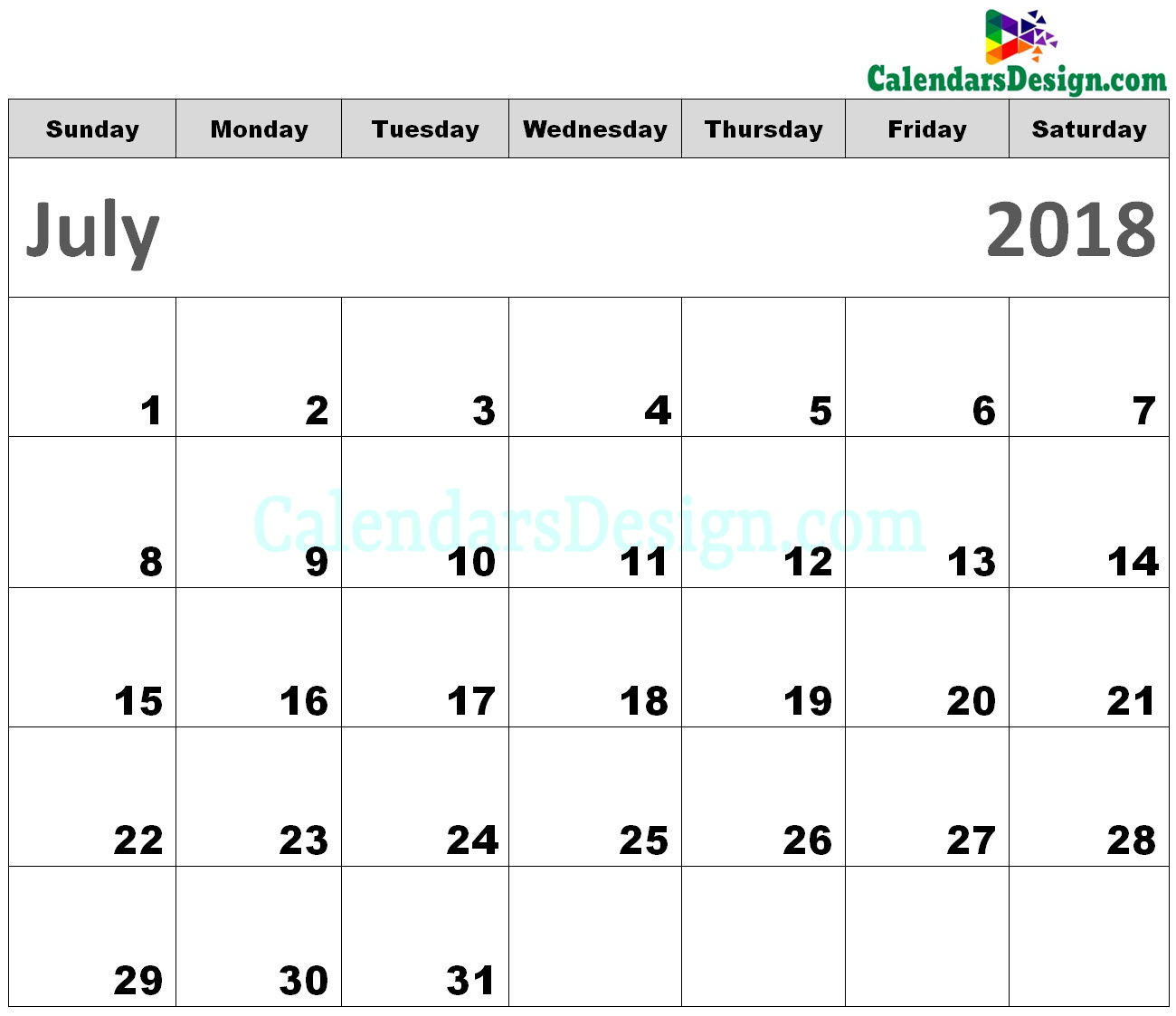 Printable Calendar for July 2018