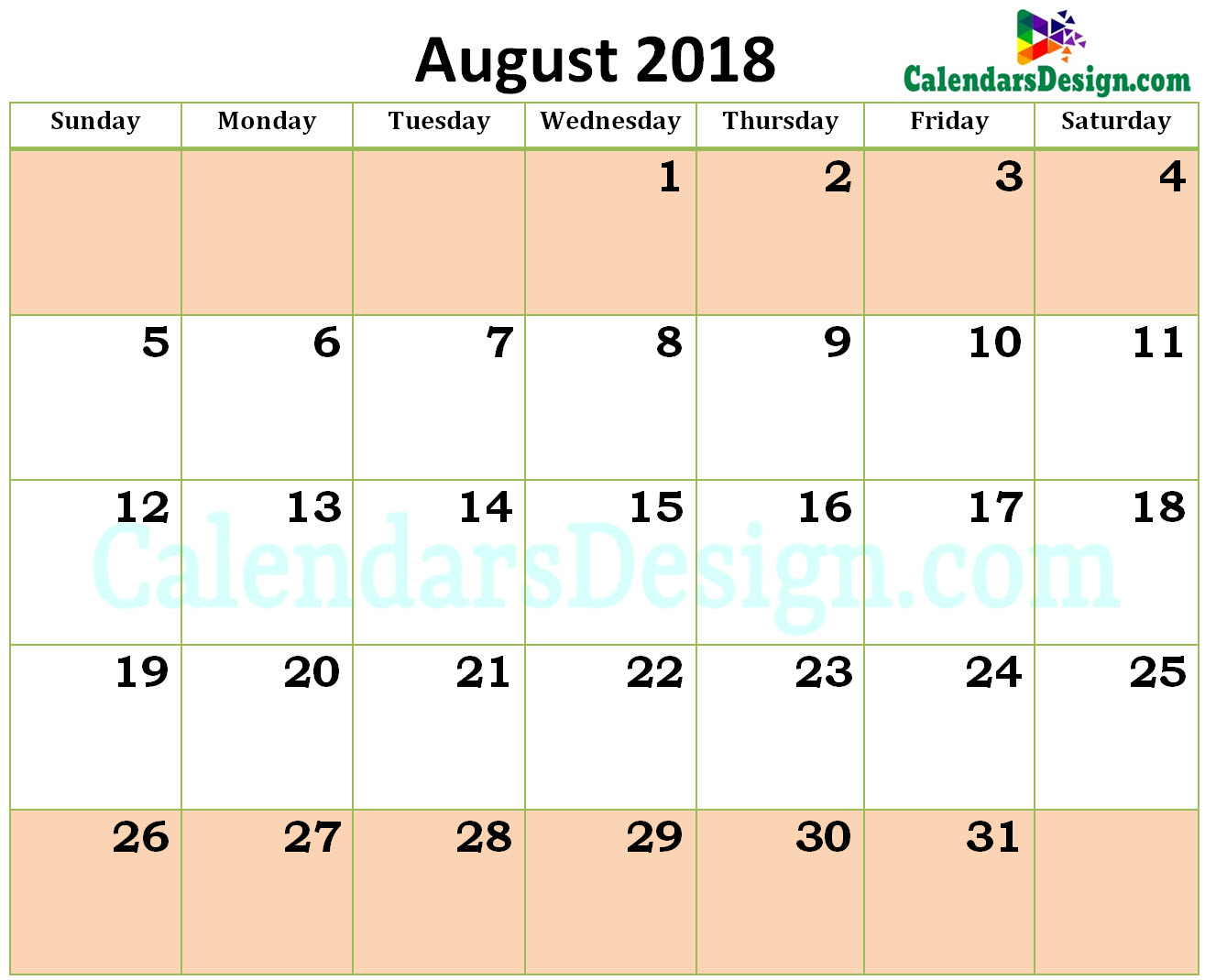 2018 August Calendar Excel