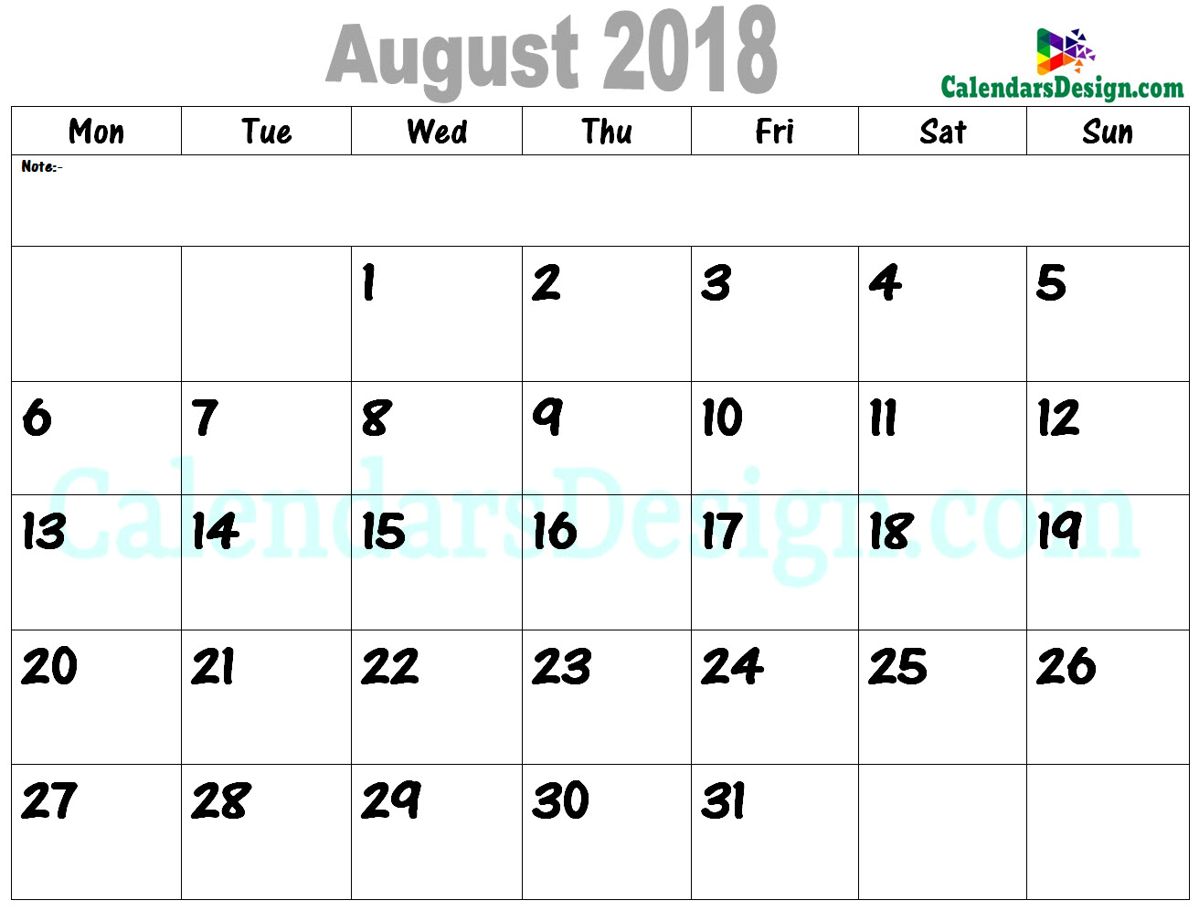 2018 August Calendar PDF