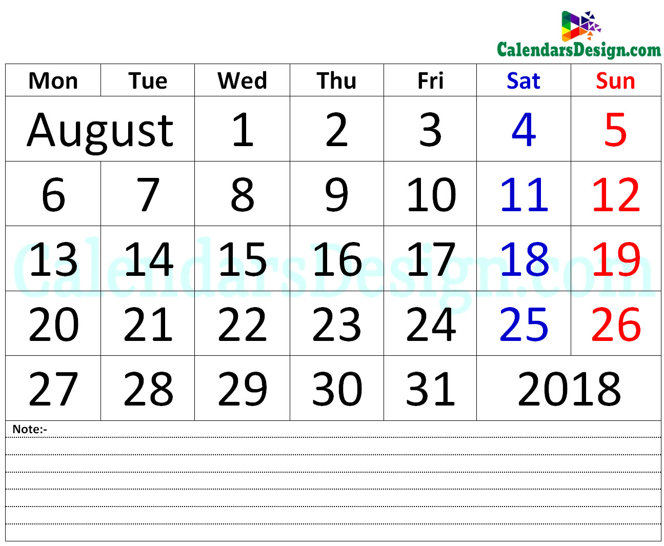 August 2018 Calendar Printable