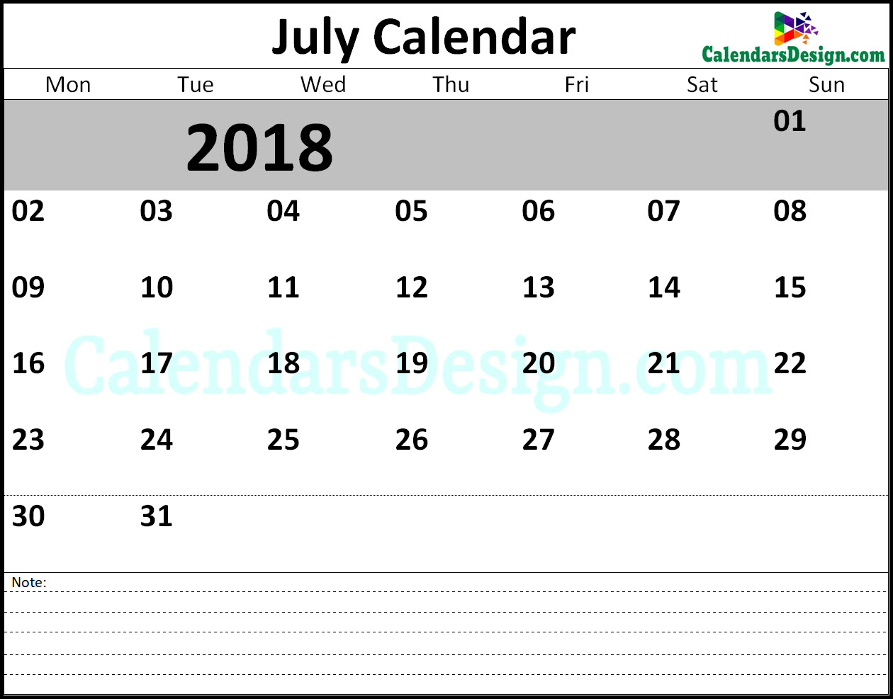 July 2018 Calendar Blank Template