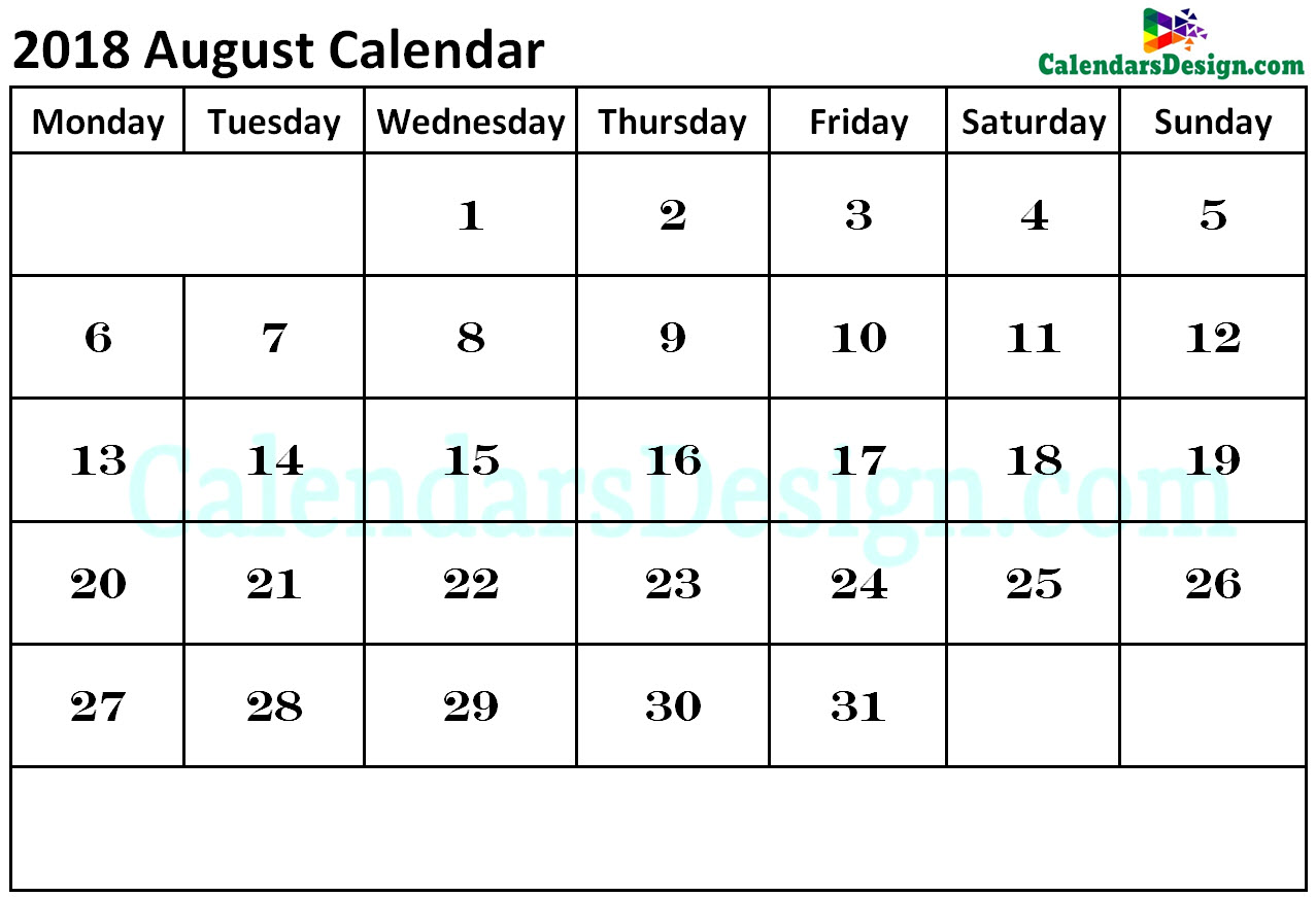 2018 August Calendar