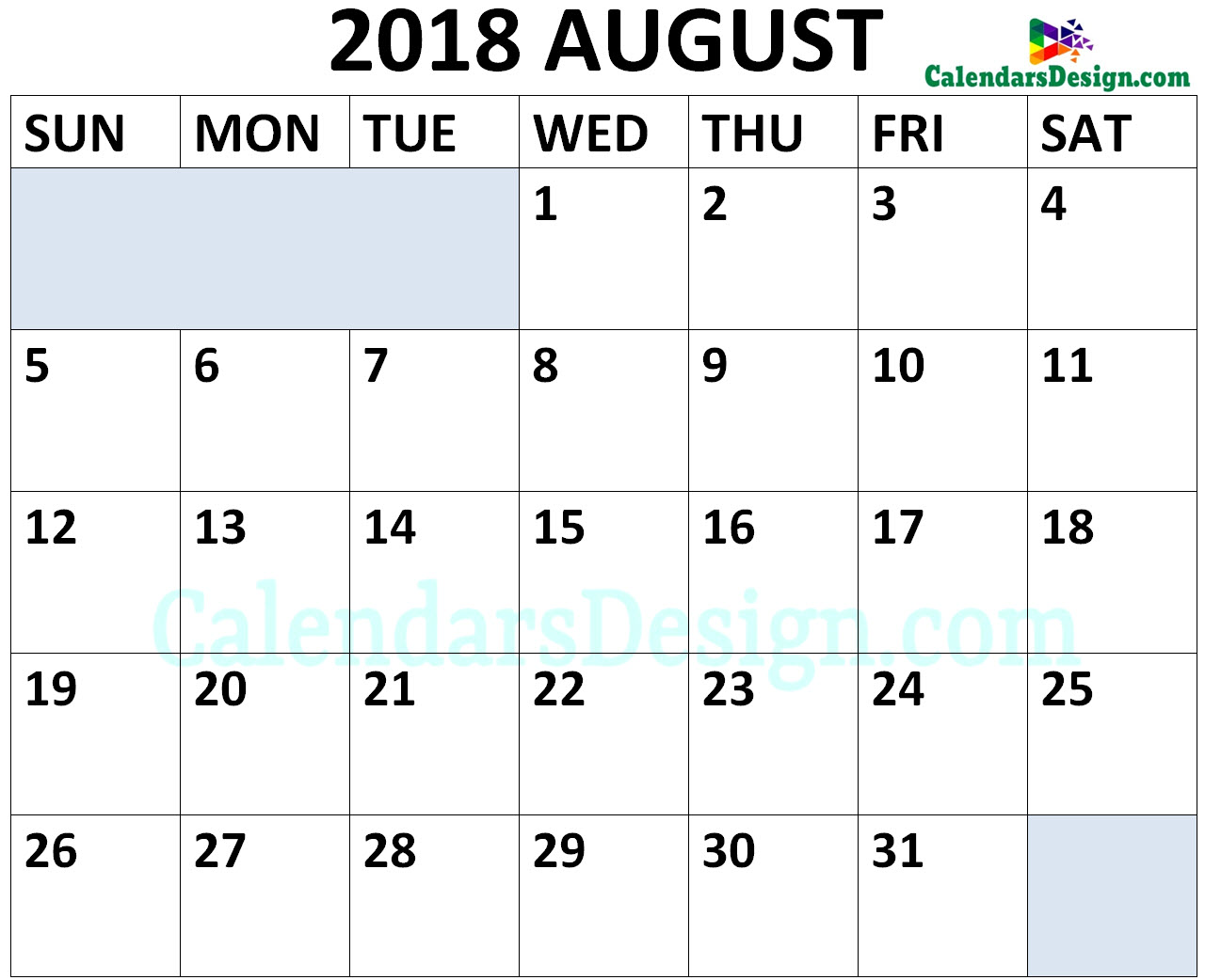 August 2018 Calendar Landscape