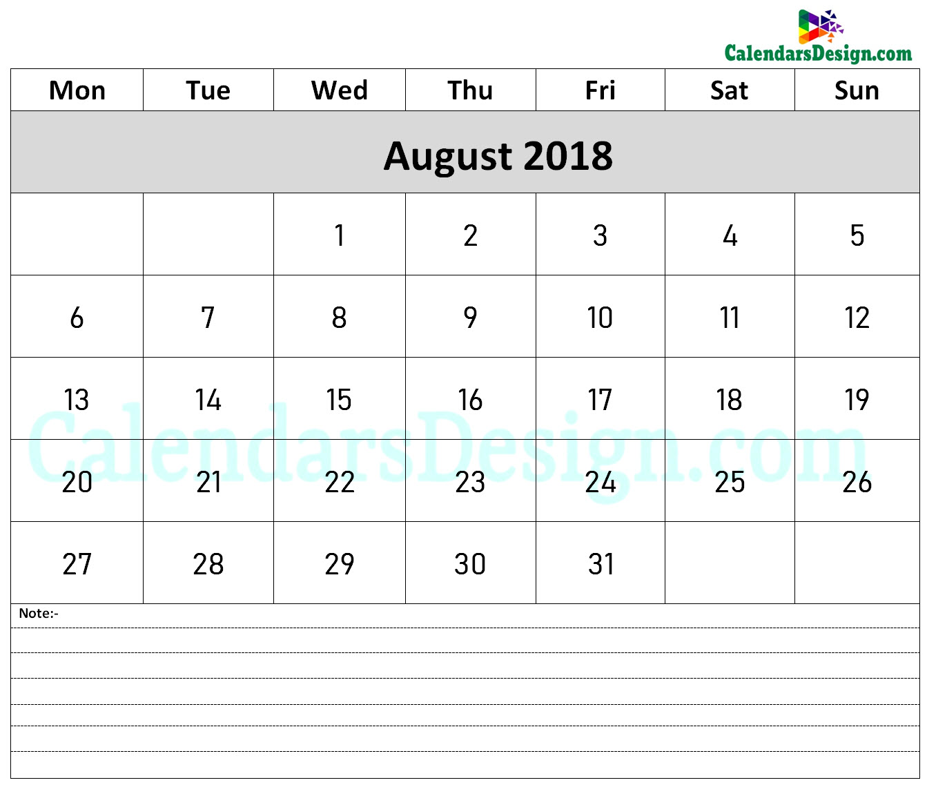 August Calendar 2018
