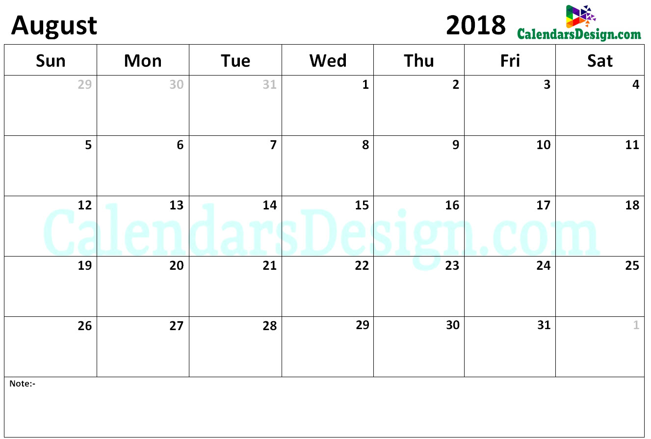 Calendar for August 2018