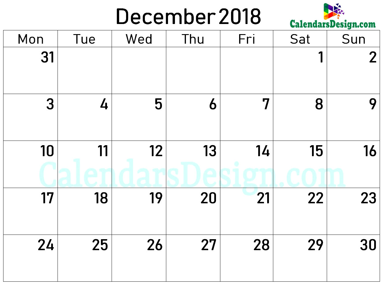 2018 Calendar December Excel Templates