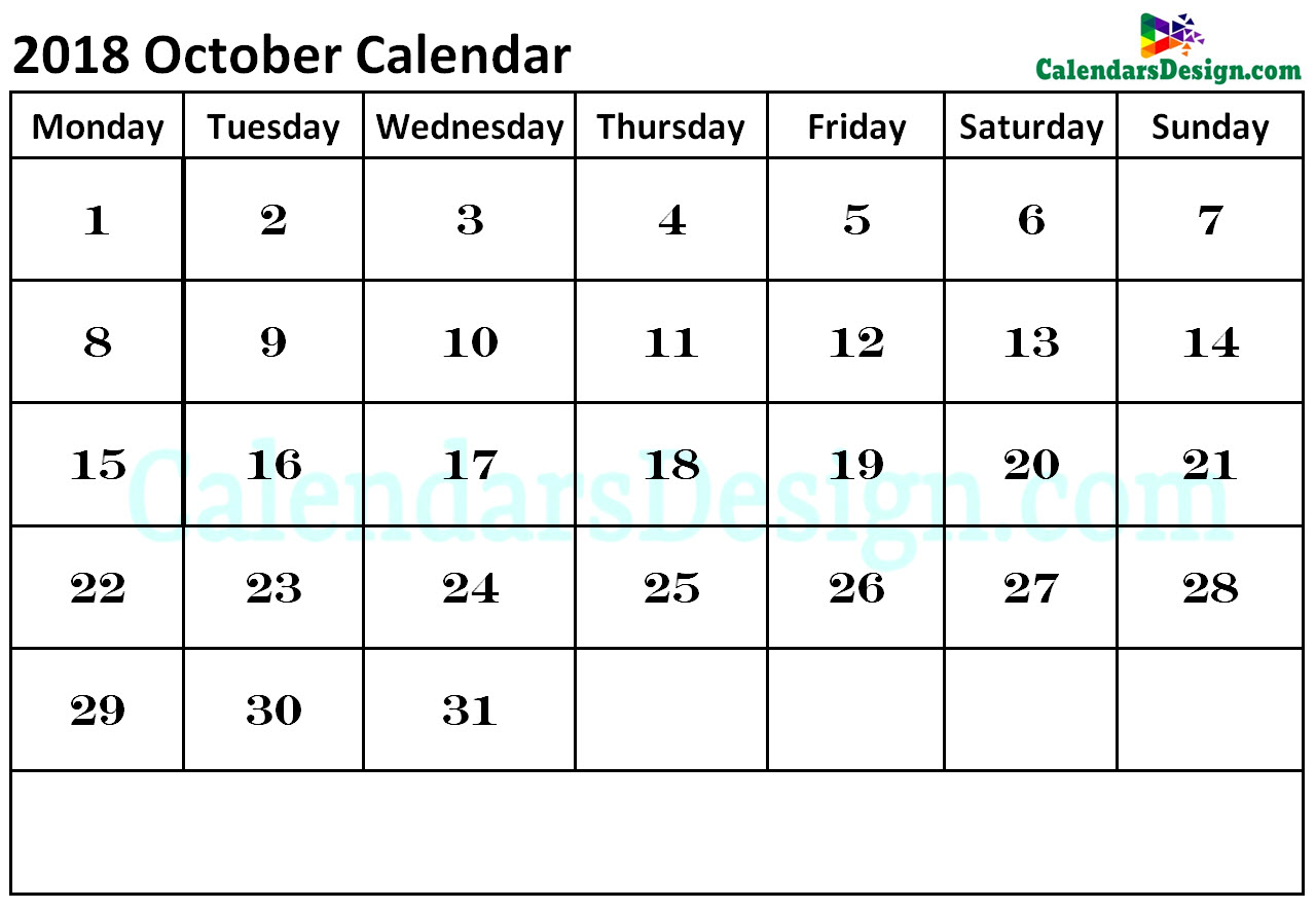 2018 October Calendar