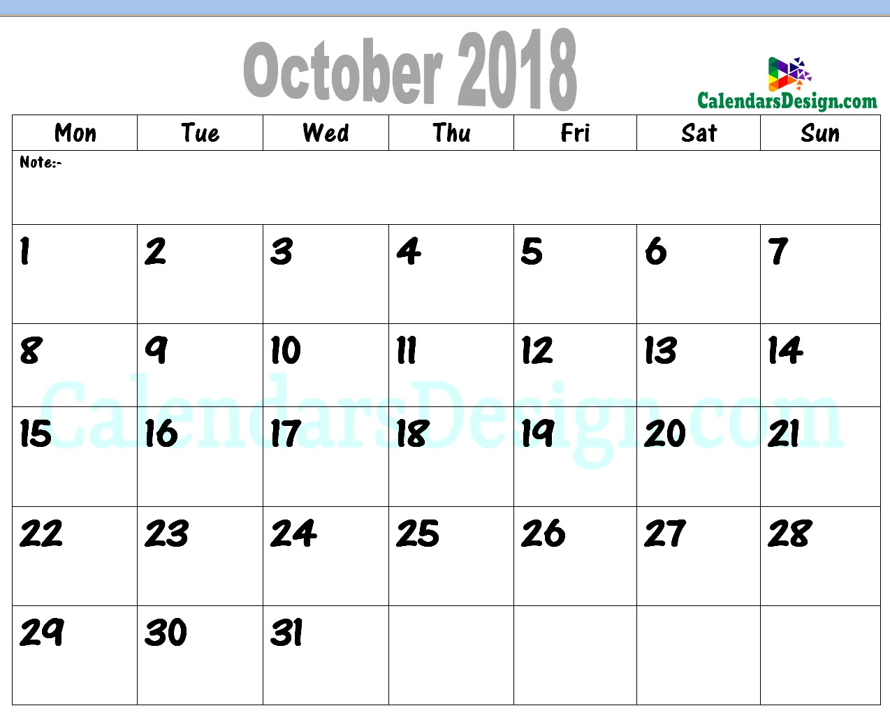 2018 October Printable Calendar PDF