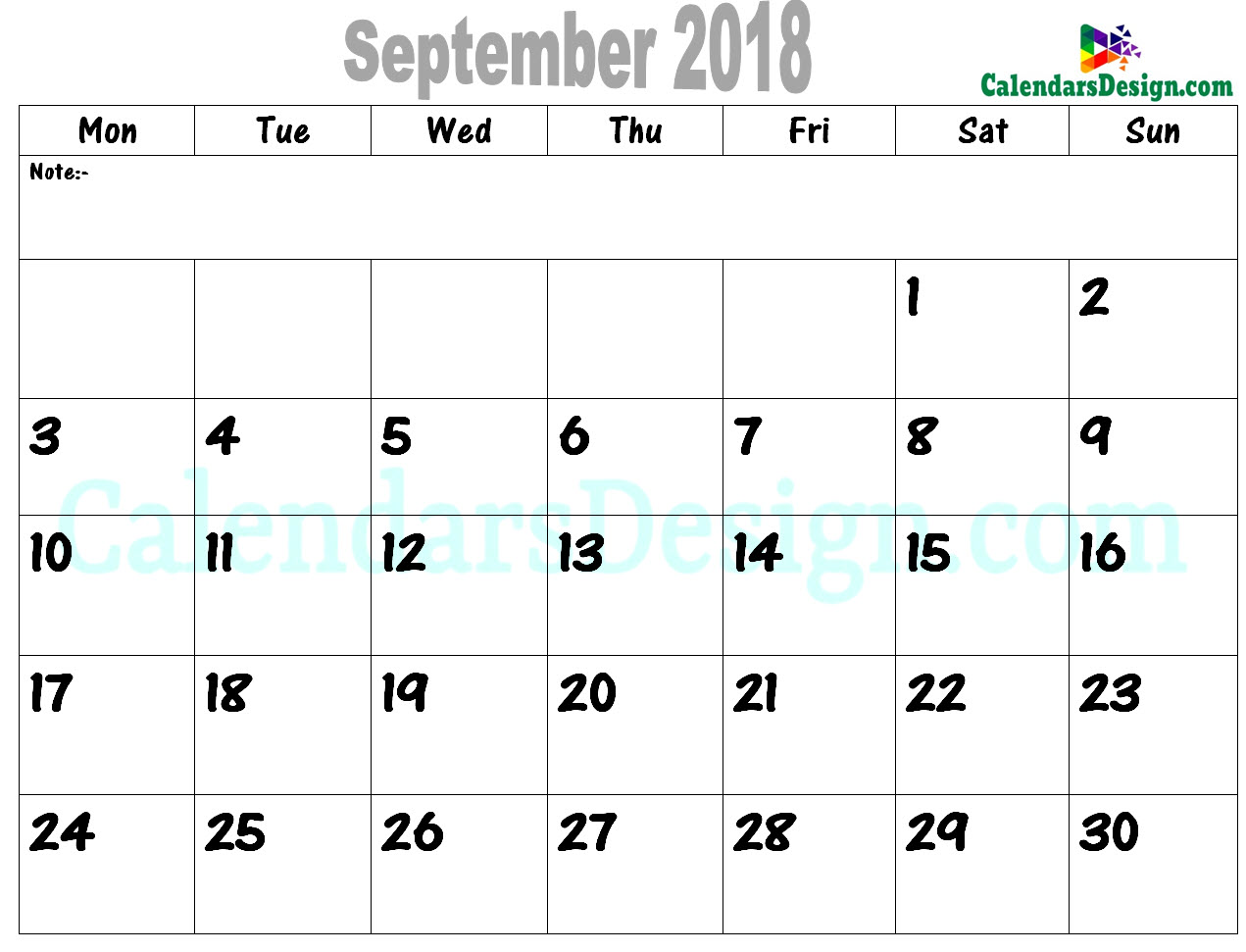 2018 September Printable Calendar PDF