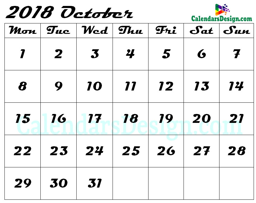 Blank Calendar for October 2018