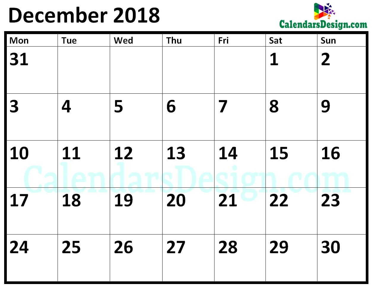Blank December 2018 Calendar