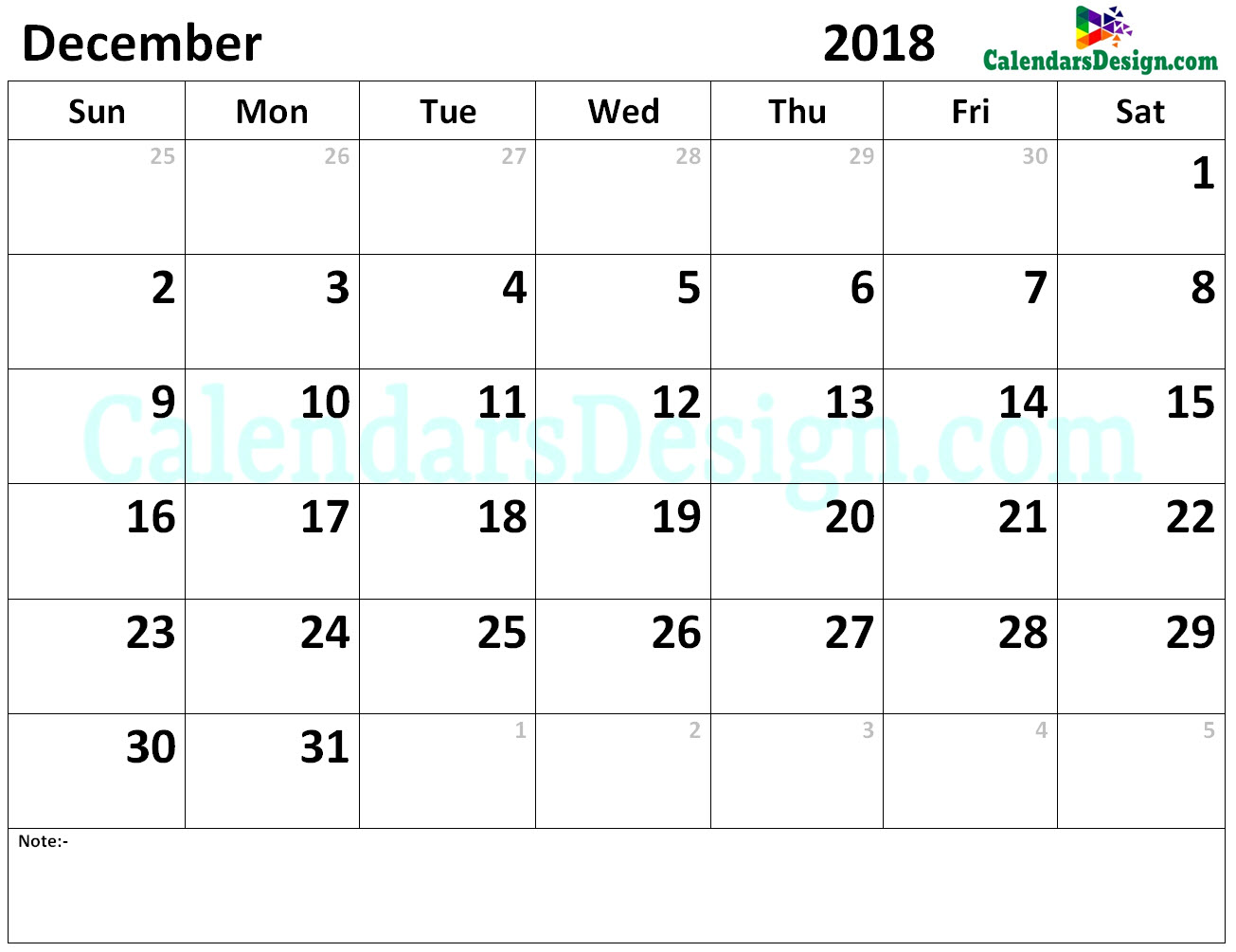 Calendar for December 2018