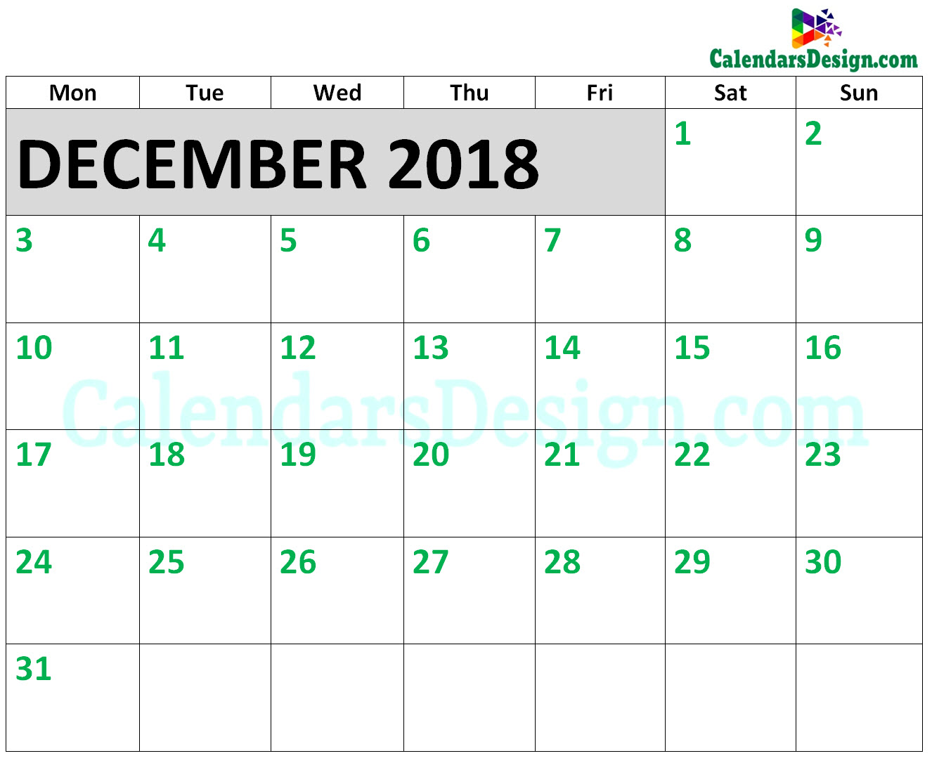 December 2018 Calendar Blank Template