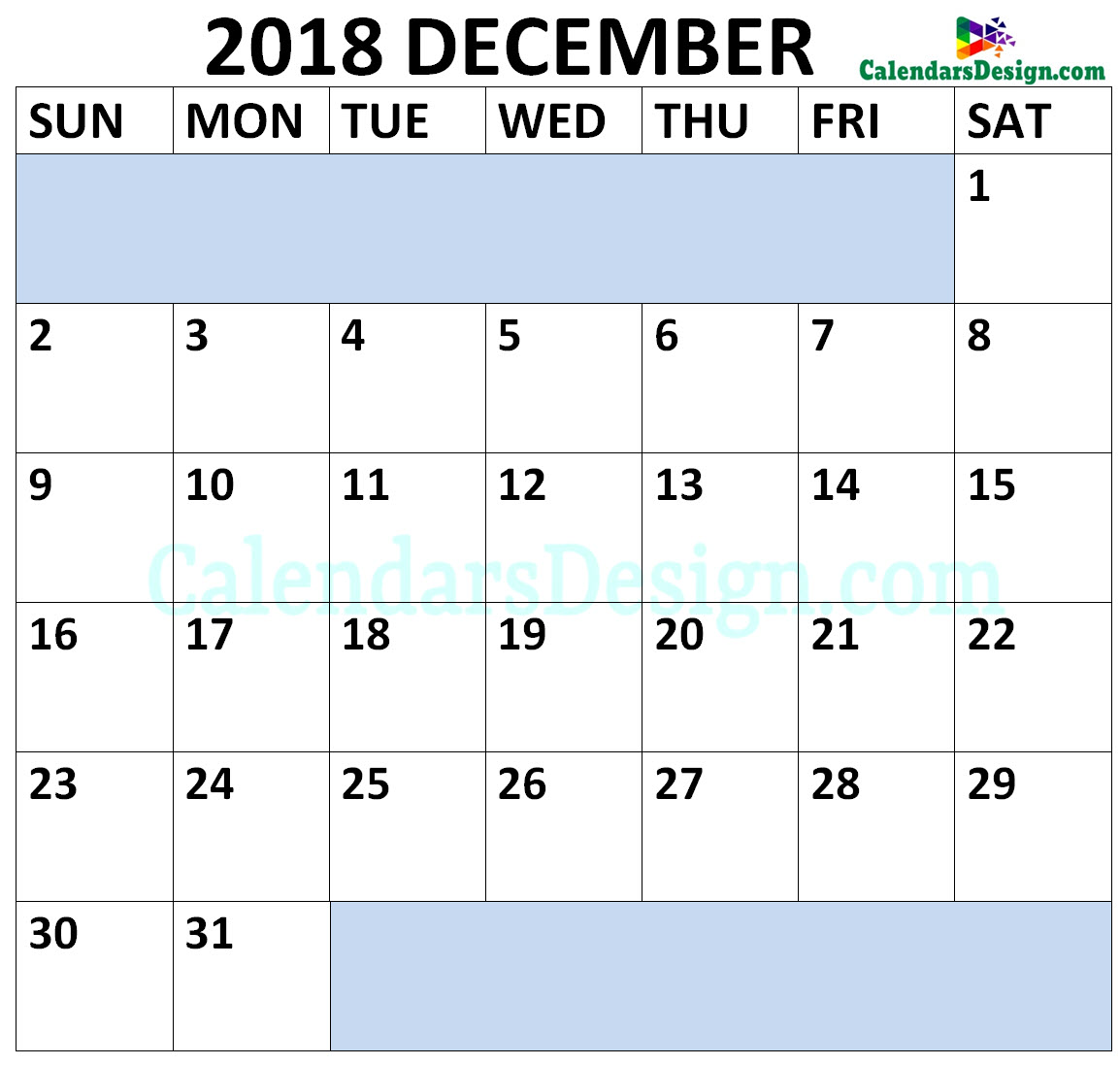 December 2018 Calendar Landscape