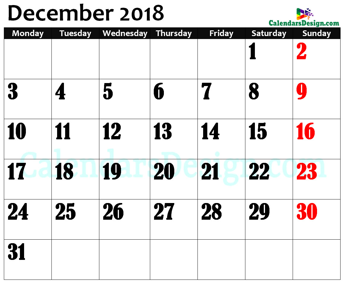 December 2018 Calendar in Page