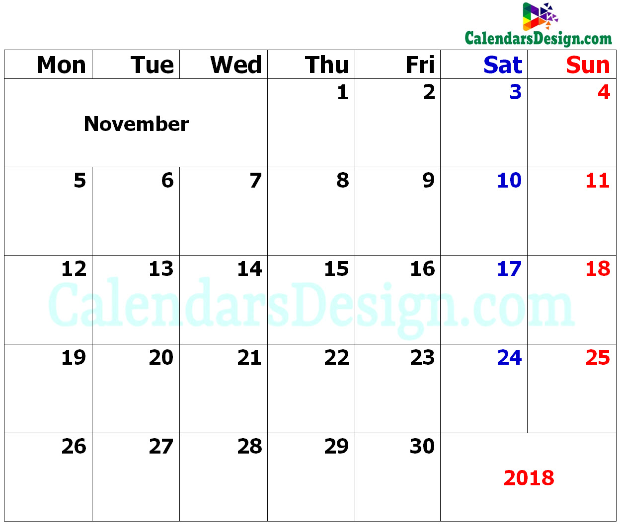November Calendar 2018 in Excel Format