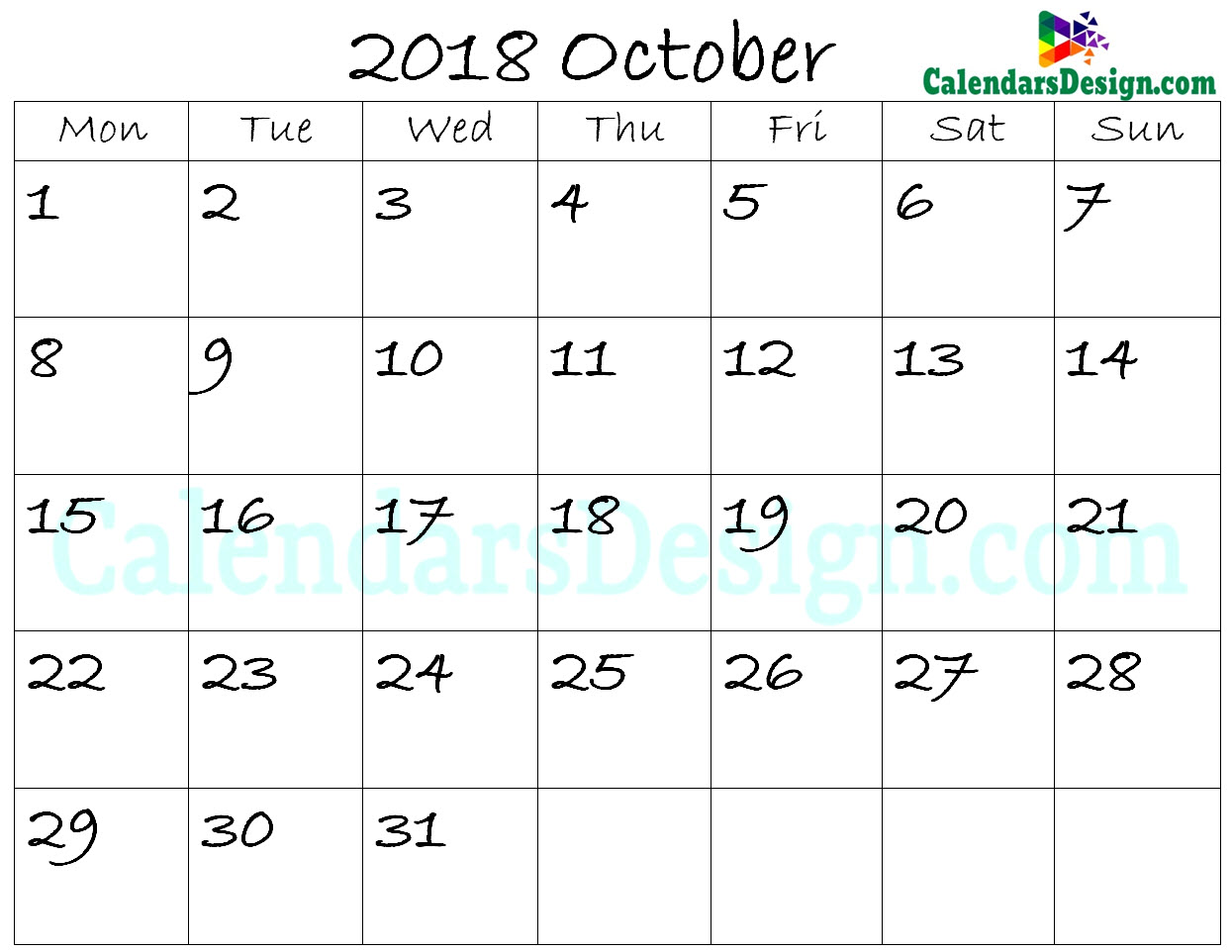 October 2018 Calendar Blank Template