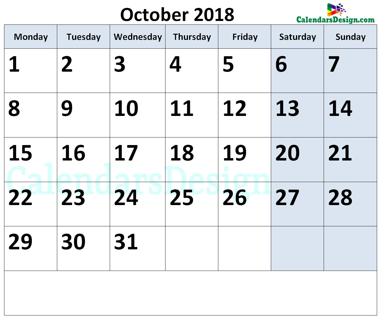 October 2018 Calendar Page