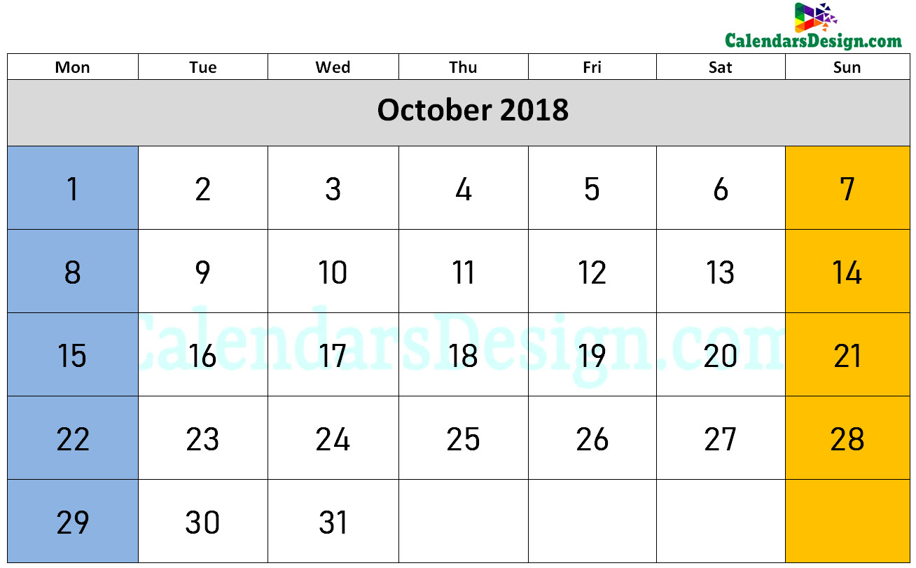 October 2018 Calendar Word Doc