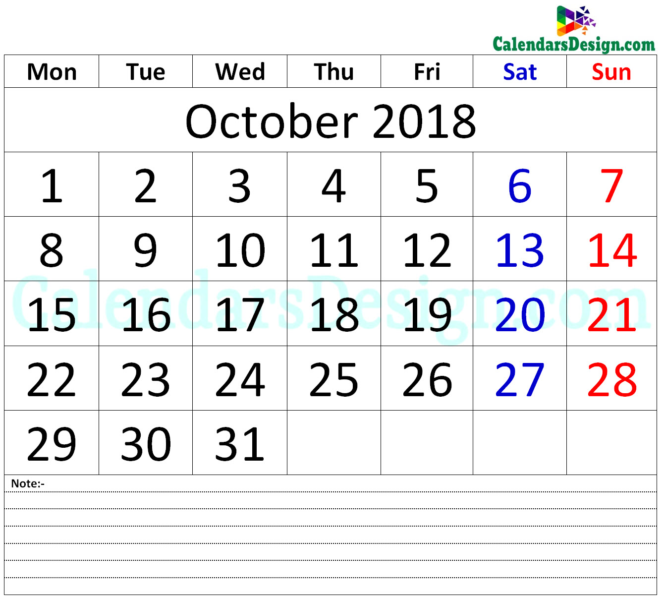 October 2018 Printable Calendar