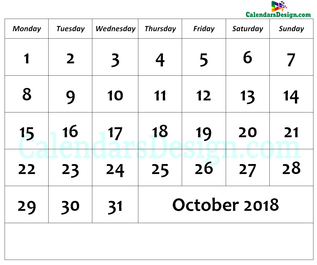 October Calendar 2018 Page