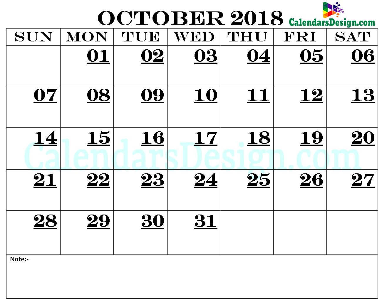 October Calendar 2018 Printable