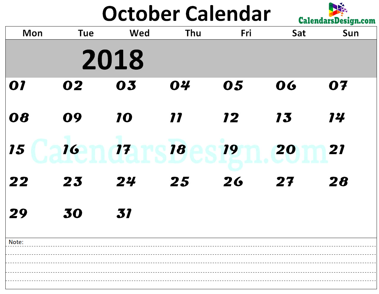 October Calendar 2018 Template