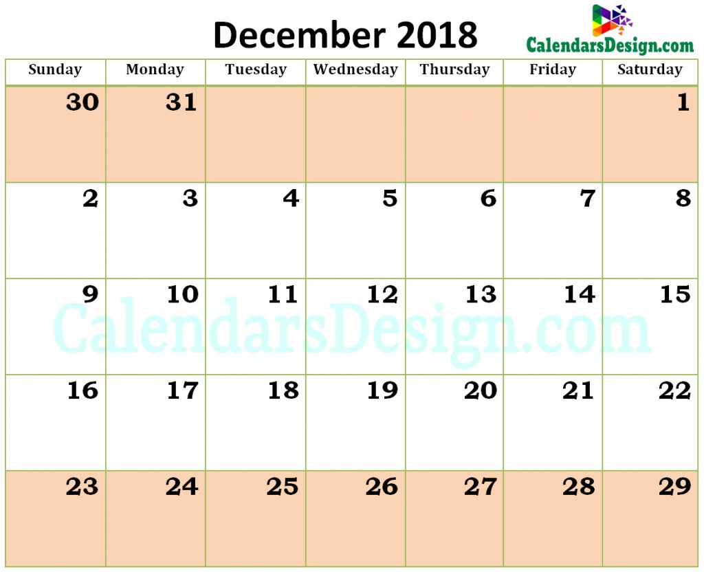 December 2018 Calendar Excel