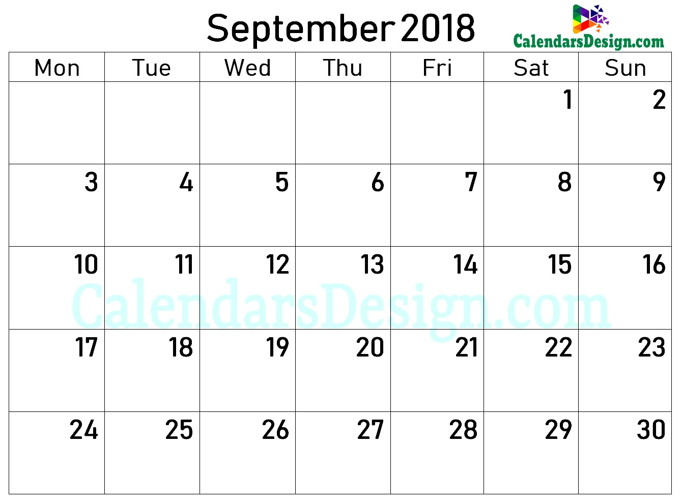 Printable Blank 2018 September Calendar Excel