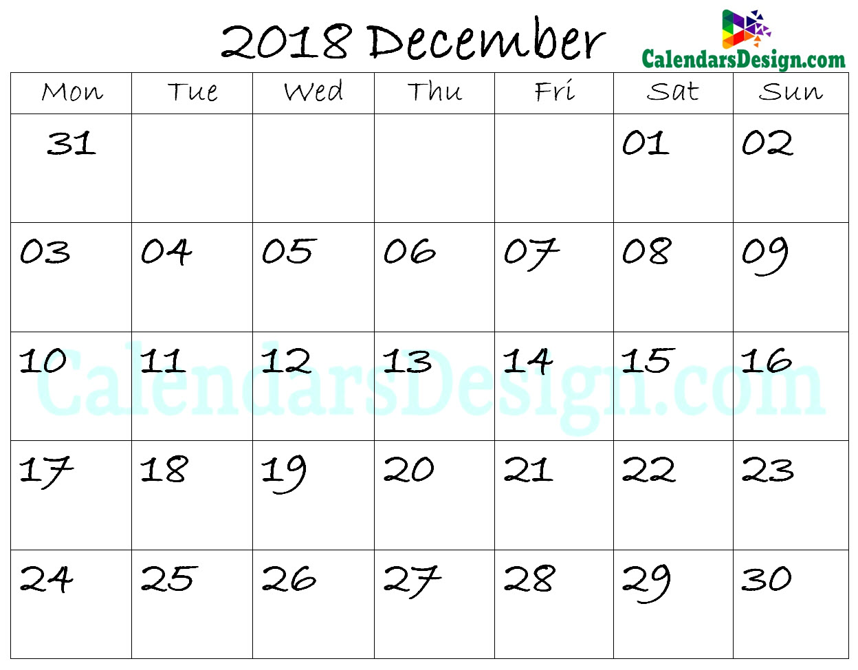 Printable Calendar for December 2018 Templates