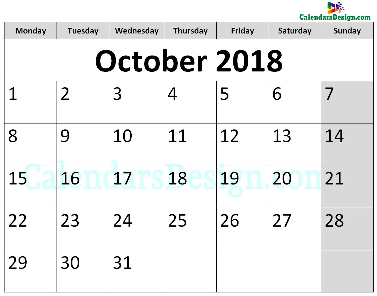 Printable Calendar for October 2018 Page