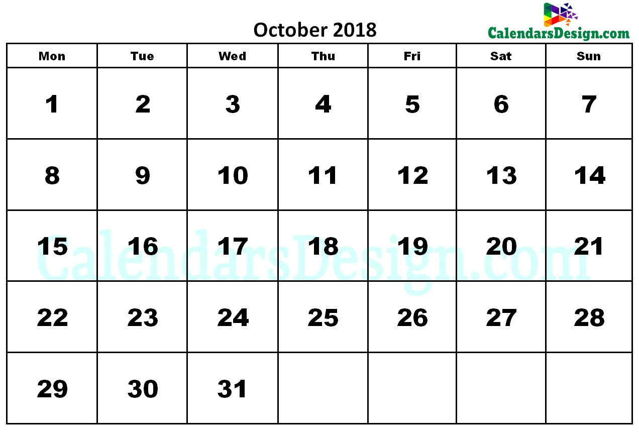 Printable Calendar for October 2018 Word