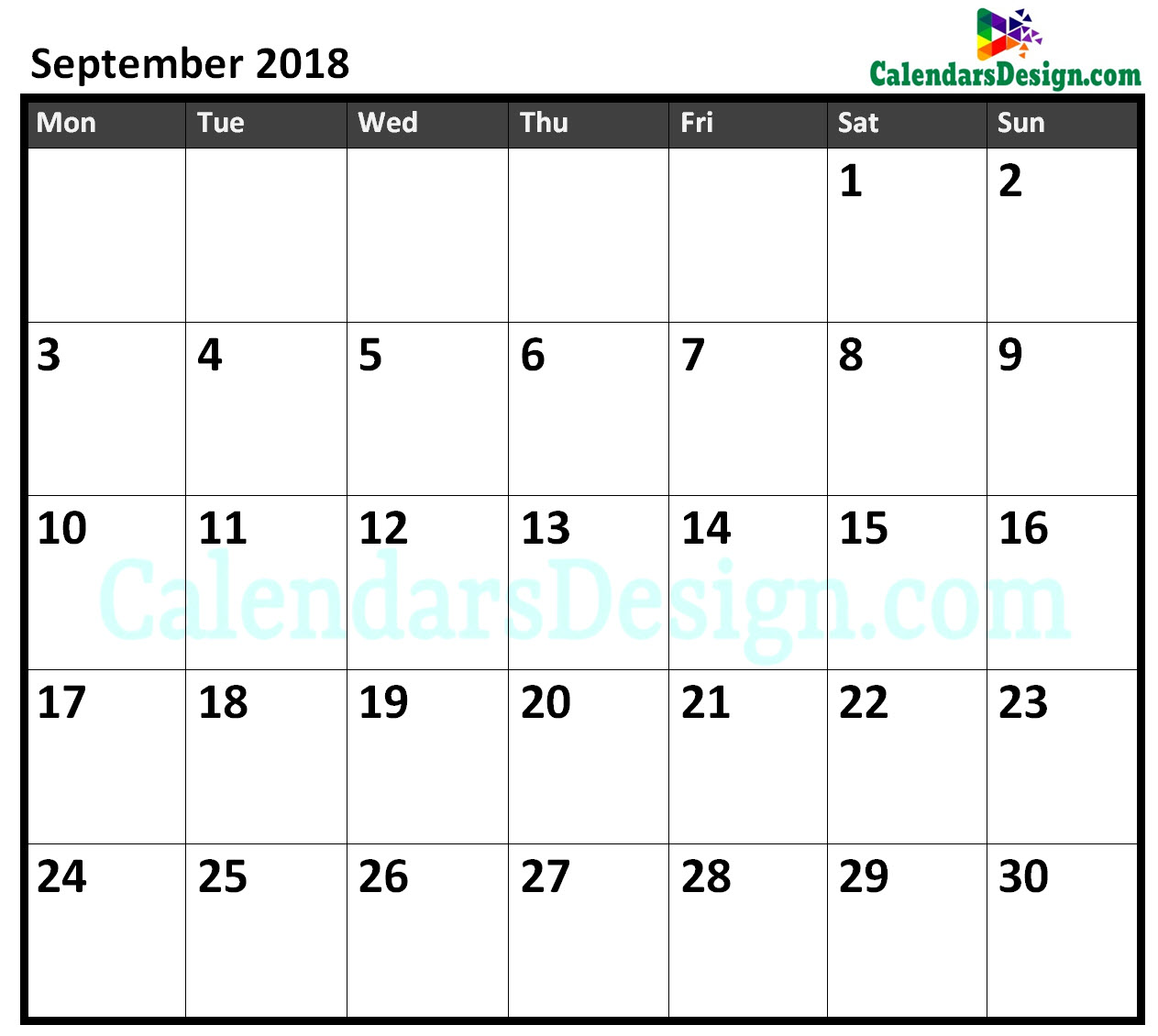 September 2018 Calendar Excel