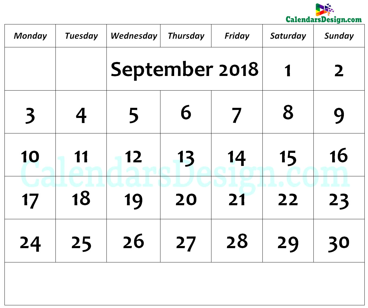 September Calendar 2018 Page