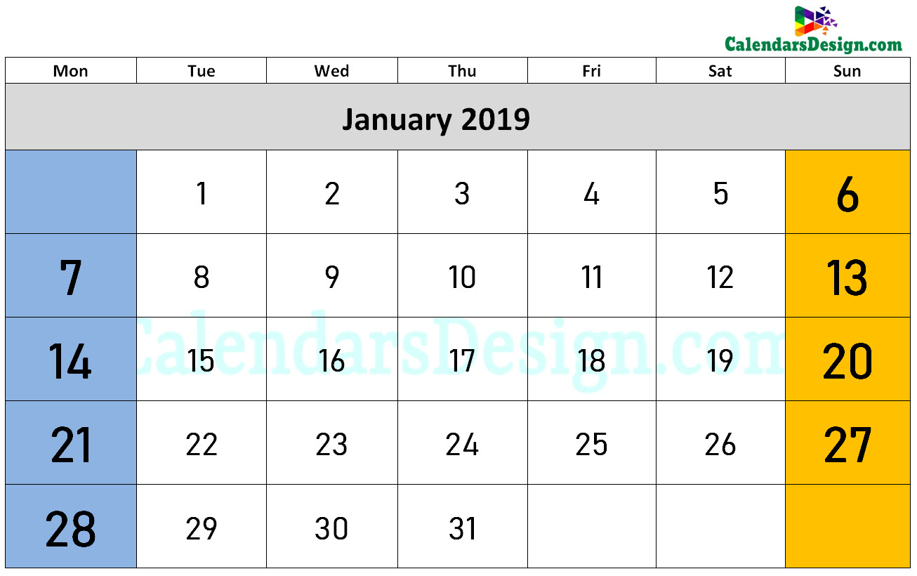 2019 January Calendar Holidays in Word