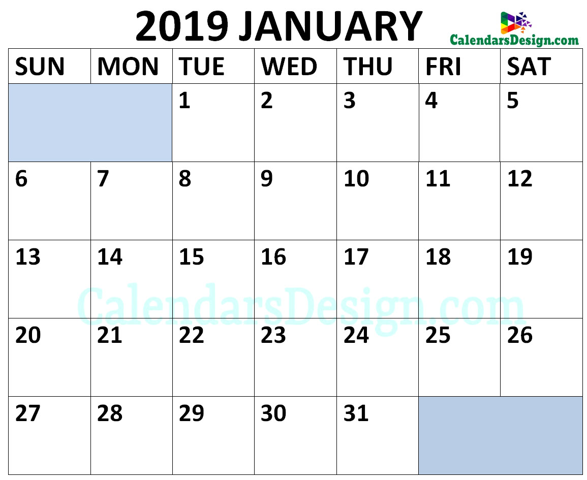 January 2019 Calendar Landscape