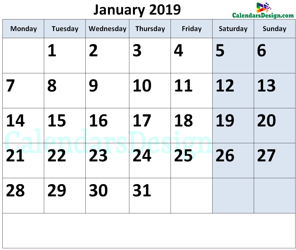 January 2019 Calendar Page