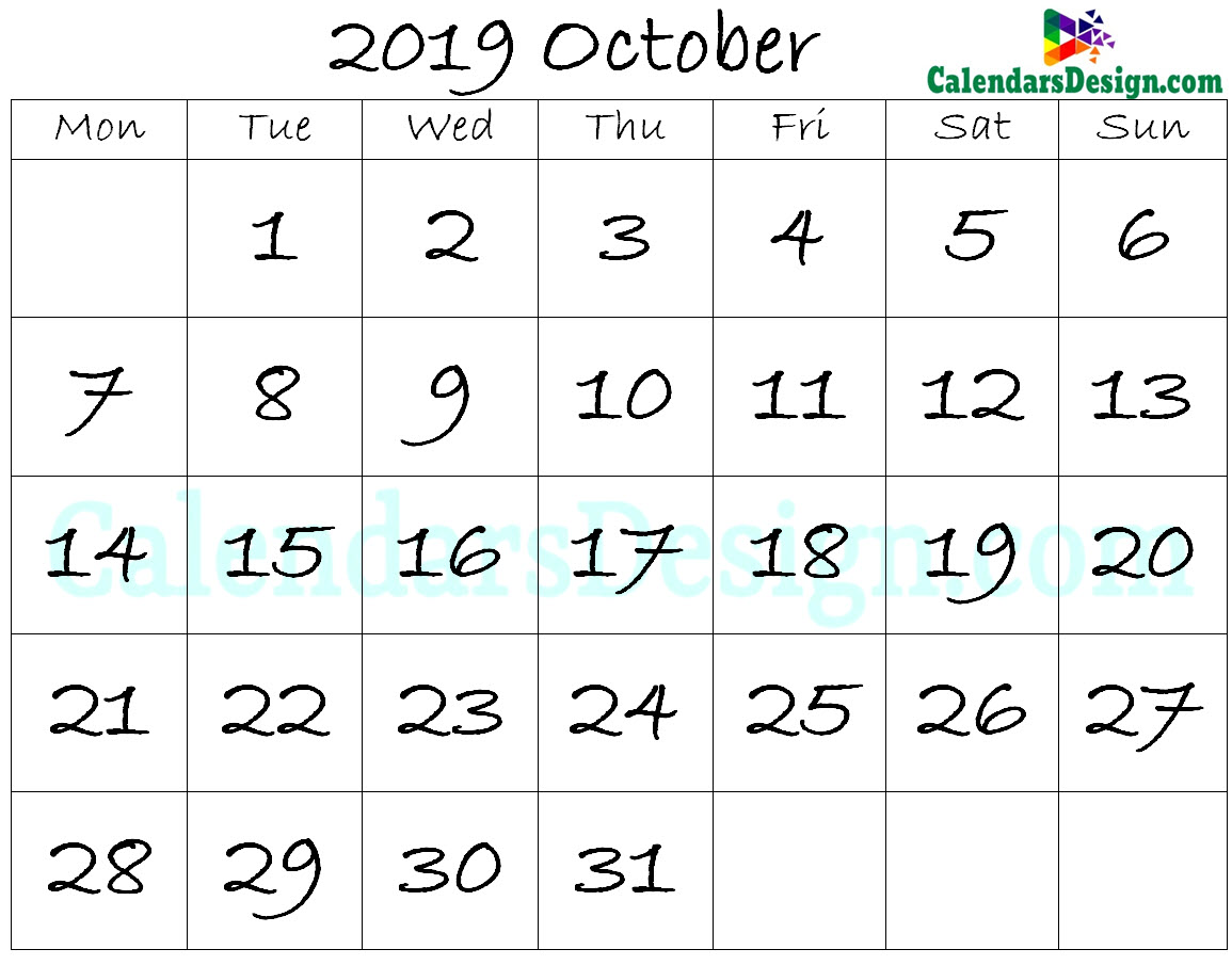 October 2019 Calendar Blank Template