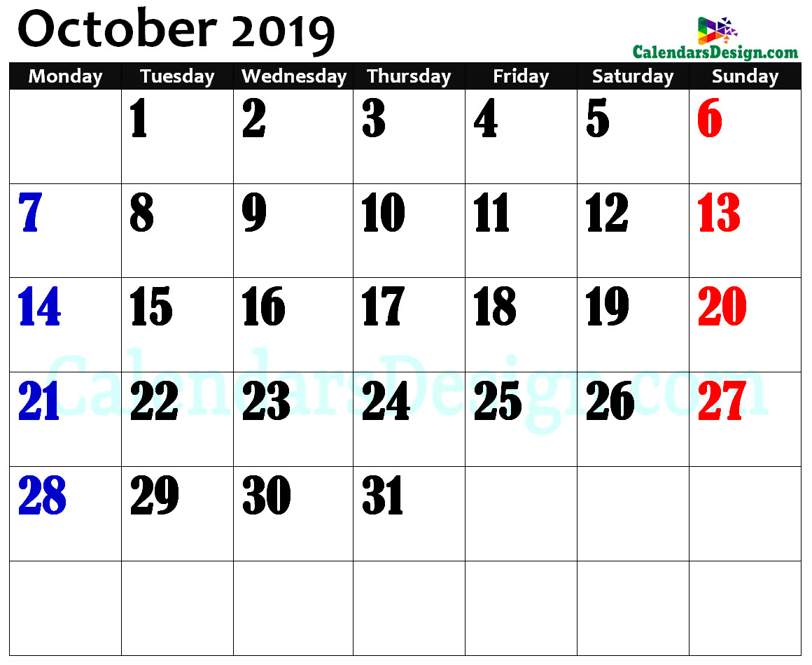 October 2019 Calendar Page