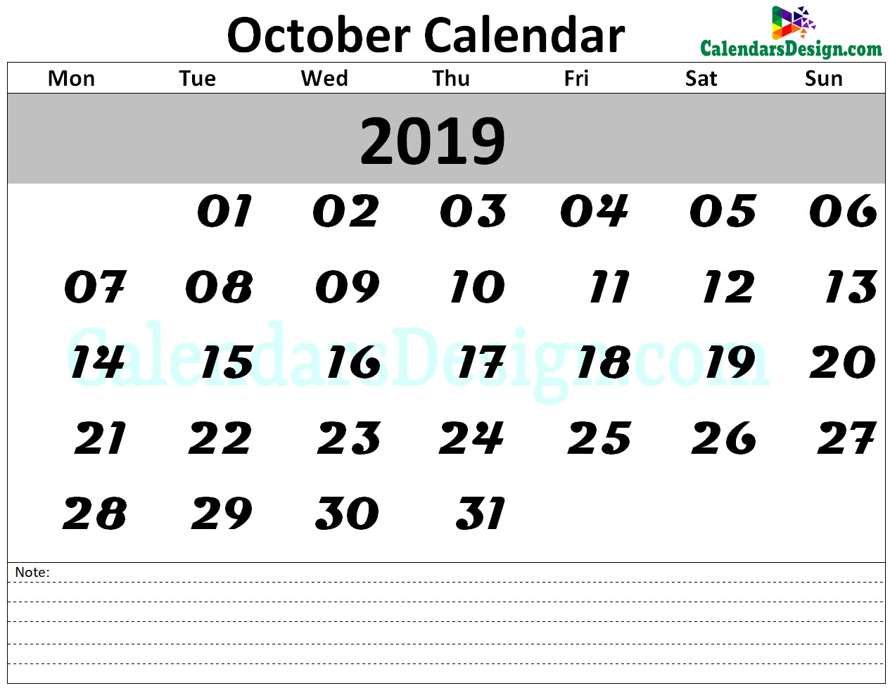October Calendar 2019 Template
