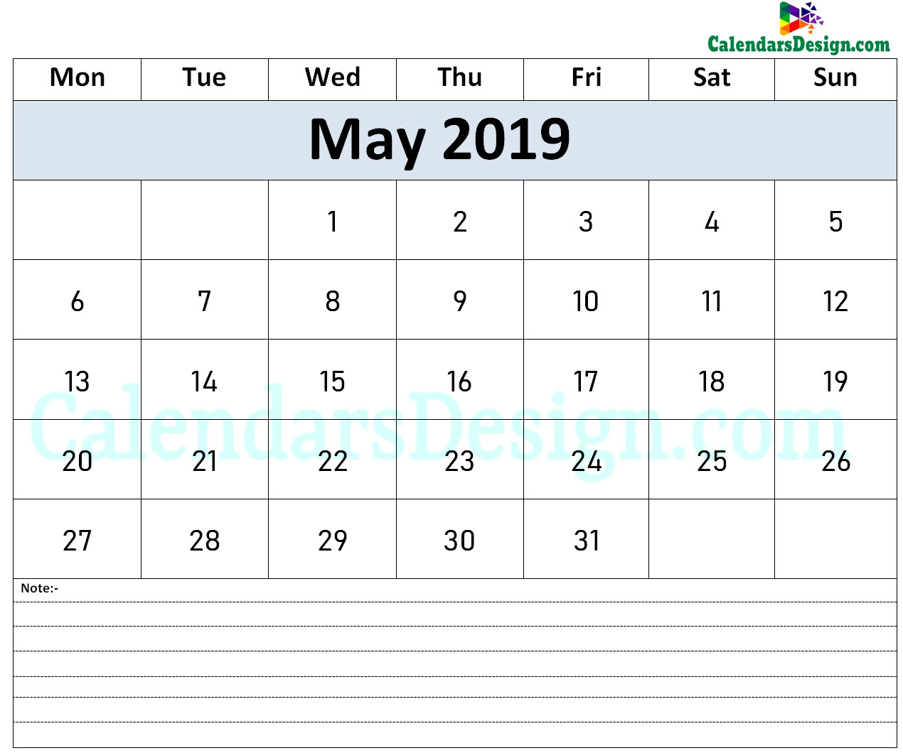 2019 May Calendar