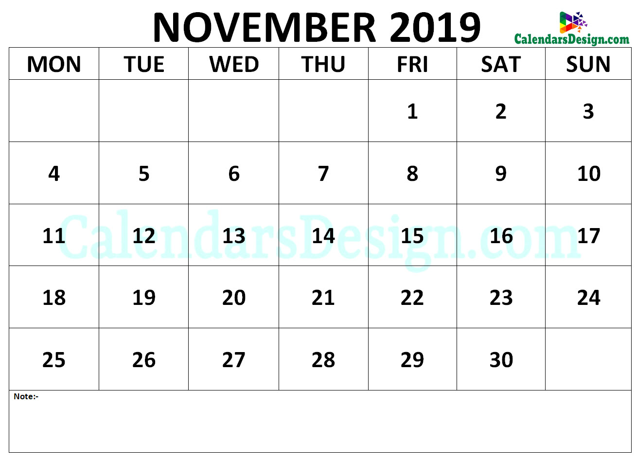 Calendar for November 2019