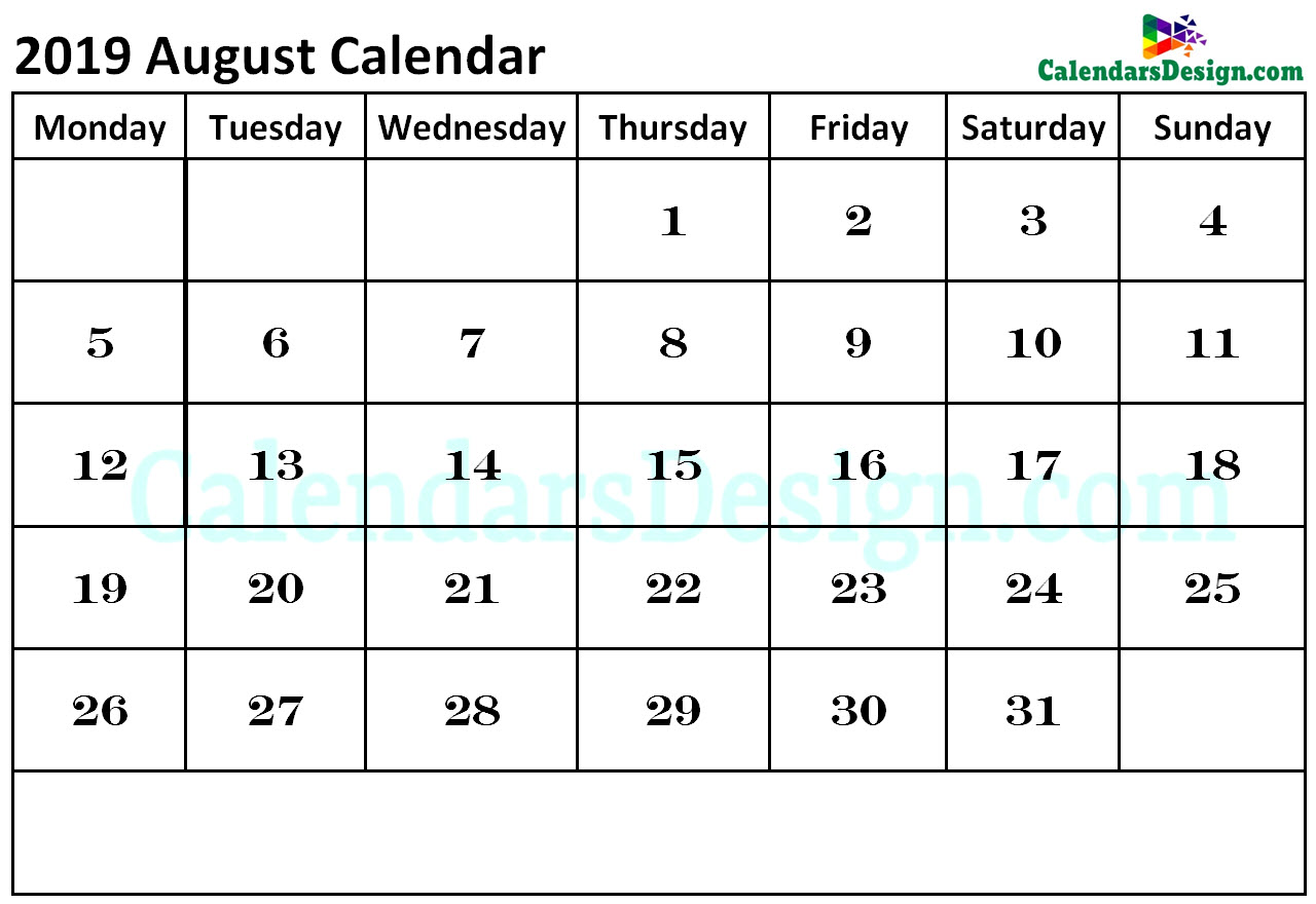 2019 August Calendar