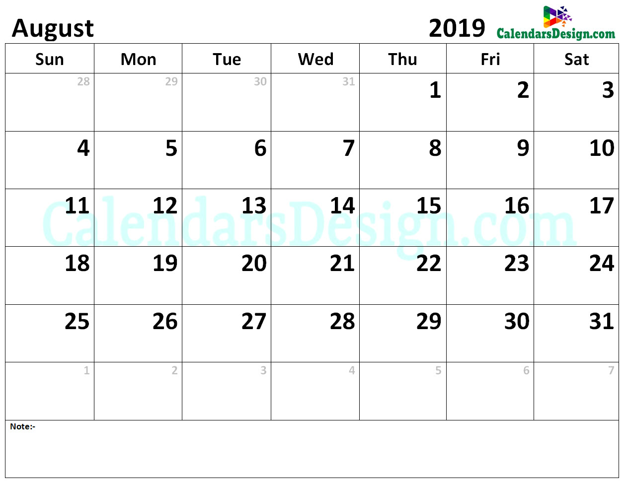 Calendar for August 2019