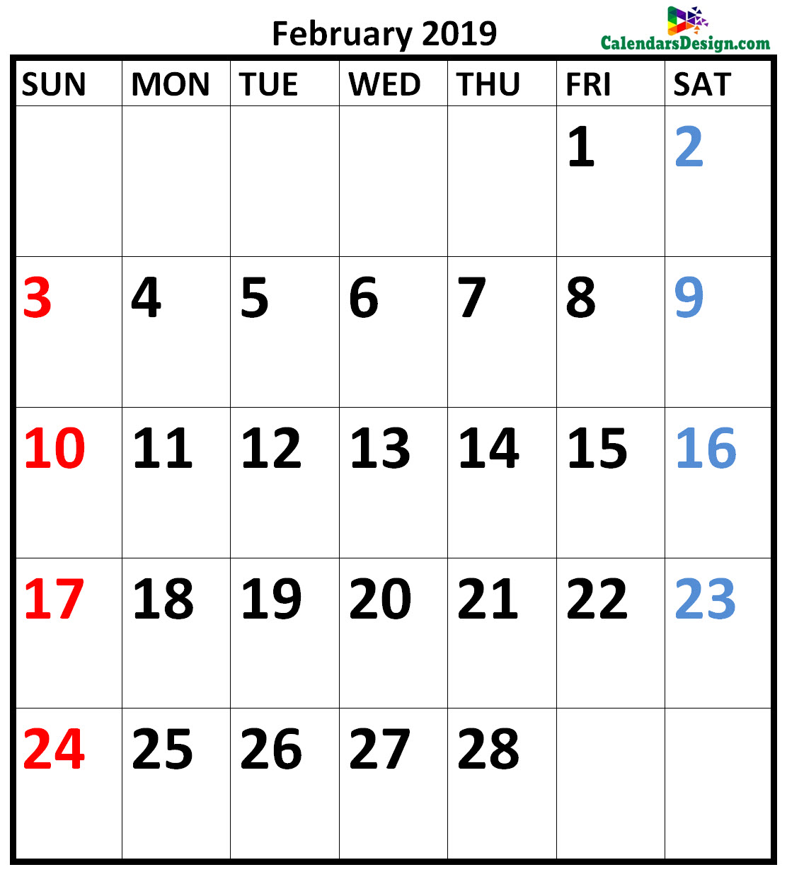 February 2019 Calendar A4 Size
