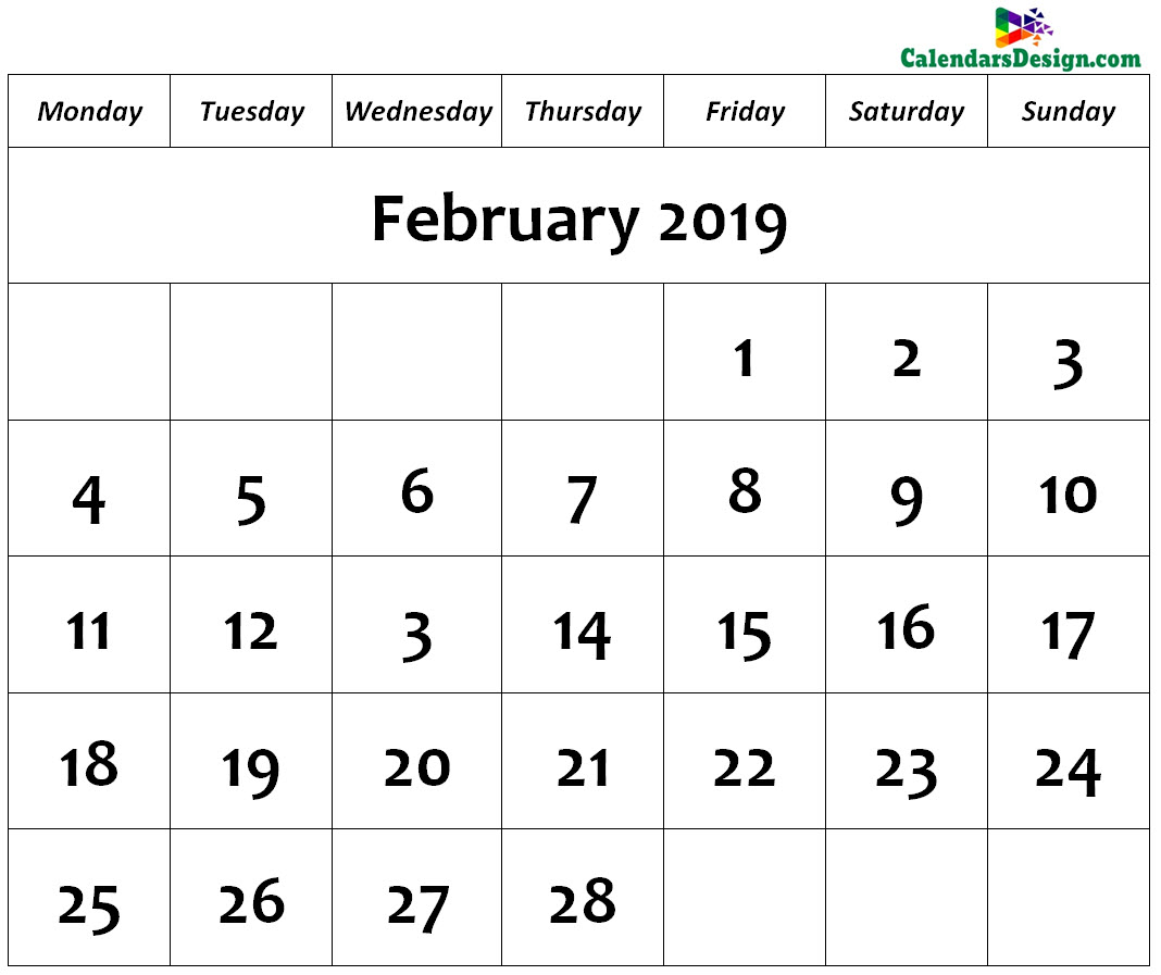 Print February 2019 Calendar in Page Format