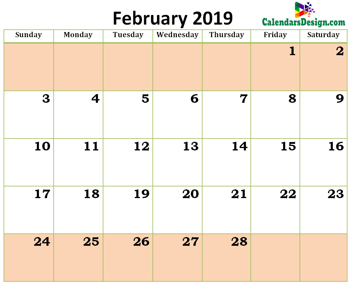 Printable Blank 2019 February Calendar Excel