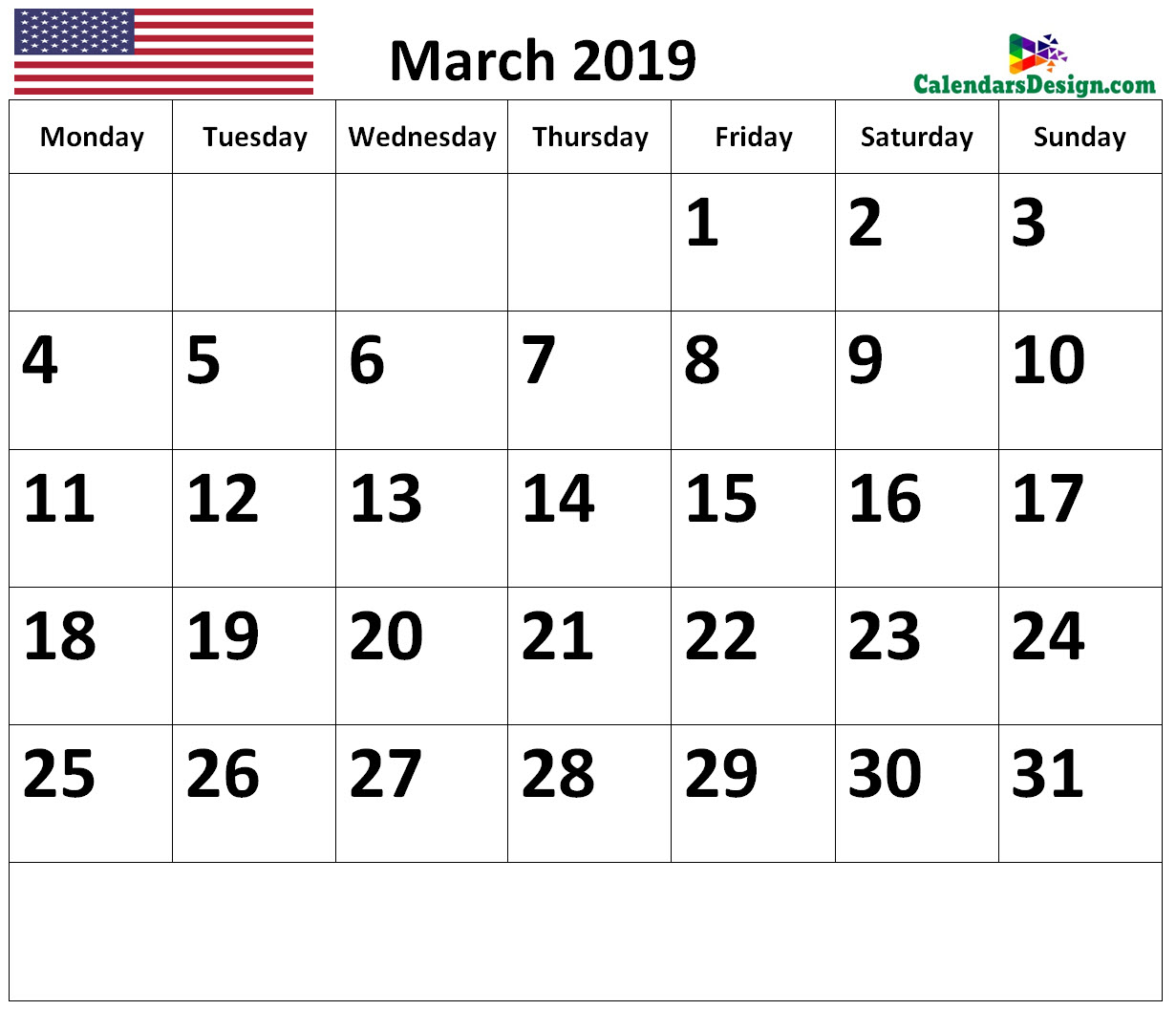 March 2019 Calendar US